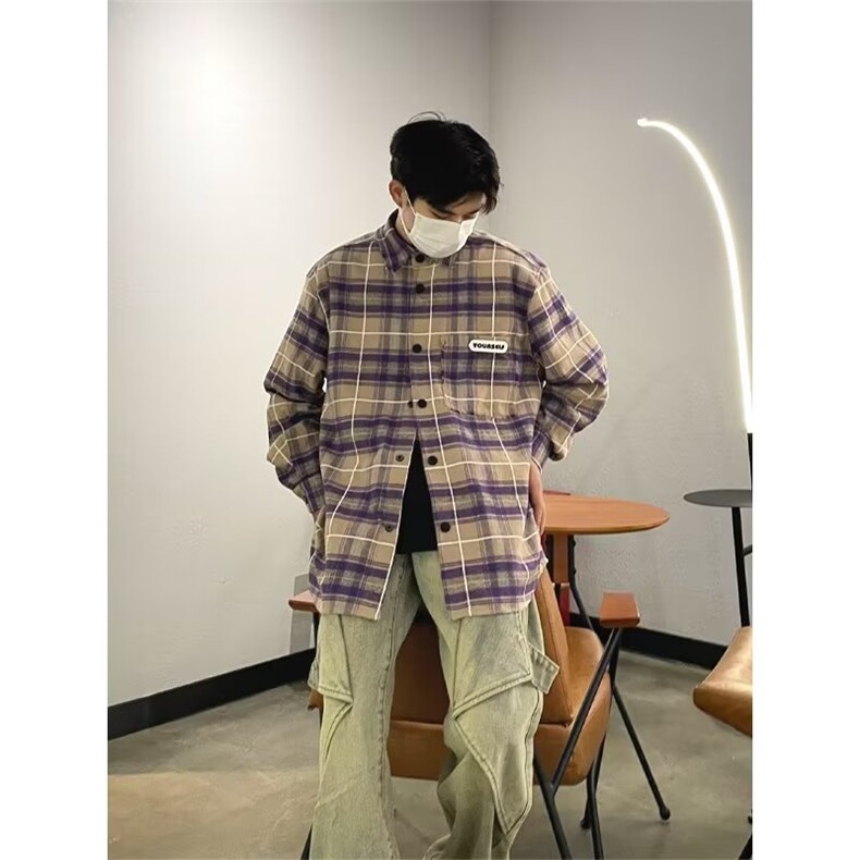 原宿气质潮流新款慵懒文艺时尚百搭简约ins格子衬衫日系流行,男装衬衫,星座506A