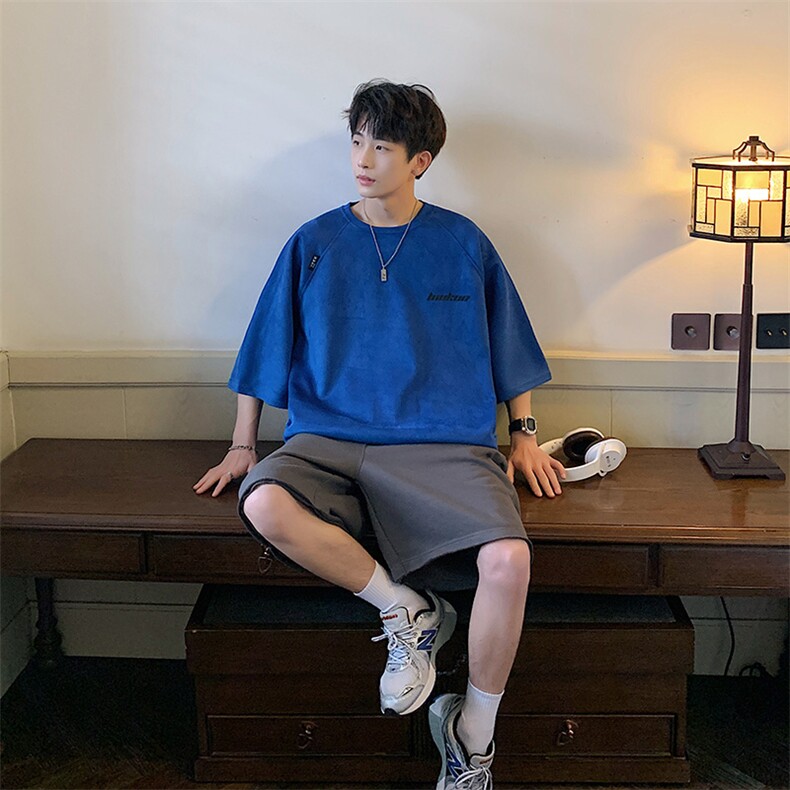 DX502 P30港风重磅麂皮绒短袖美式高街t恤男大码半袖男图片