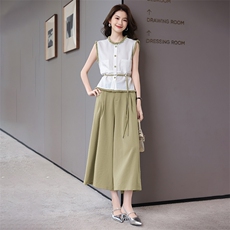 休闲时尚套装女2025夏季新款职业装气质收腰无袖上衣阔腿裤两件套，女装套装/套裙，时尚俏佳人