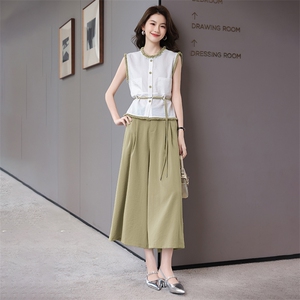 休闲时尚套装女2025夏季新款职业装气质收腰无袖上衣阔腿裤两件套图片