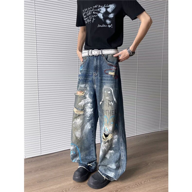 美式高街牛仔裤男女炸街帅气百搭破洞2025夏季ins长裤RK2618-P56,男装牛仔裤,星座412-3