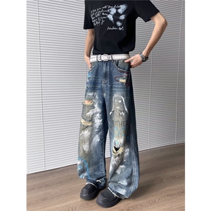 美式高街牛仔裤男女炸街帅气百搭破洞2025夏季ins长裤RK2618-P56,牛仔破洞裤搭配图片