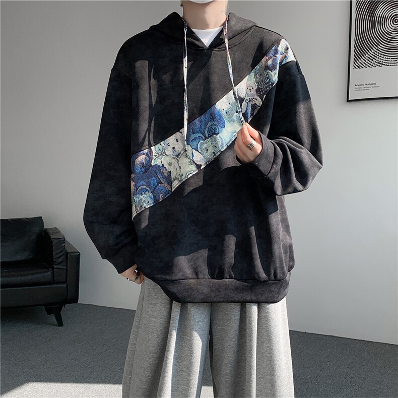WY10200-特批40春季新款连帽设计感拼接撞色宽松大码扎染卫衣男,男装卫衣,电商A059