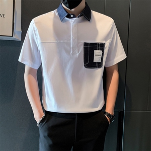 2025新款夏季Polo衫T恤男短袖潮牌拼接半袖体恤 A313-1-W401-P55图片