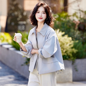 黄色美式复古格纹拼接假两件夹克女2025初春新款设计感休闲短外套图片