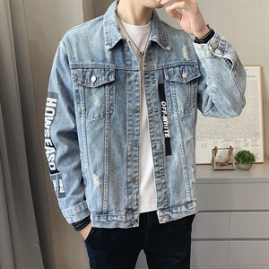 JK302-p95-限价138 现货店主风牛仔夹克肥仔量足破洞印花大码图片