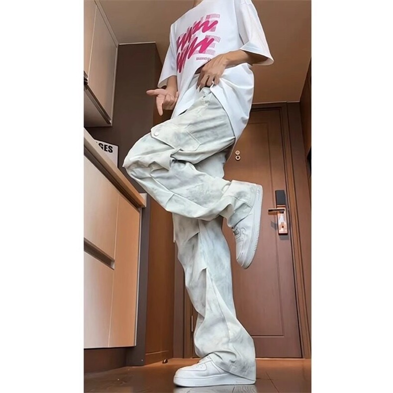 美式复古拉链工装冲锋裤男女高街多口袋直筒街头微喇阔腿裤子,男装工装外套,星座218-1（原230）