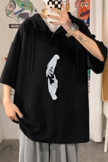 LD54147-P45连帽短袖t恤男大码胖子带帽五分袖中袖海报风，男装T恤，电商A040
