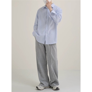 休闲宽松牛津纺水洗内搭条纹长袖衬衫男春秋工装衬衣LS367 P37图片