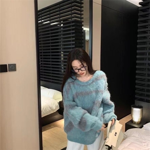 美式复古高街慵懒风拼色圆领印花毛衣男女高级感套头休闲中性上衣图片