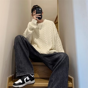秋冬季日系纯色清新圆领毛衣男ins情侣宽松麻花针织线衫M432-P45图片