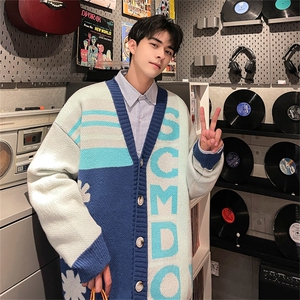 M8170/P75冬季复古文艺针织开衫新款V领拼色慵懒?男女潮牌毛衣图片
