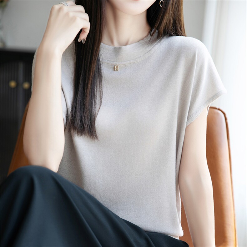 宽松天丝针织t恤短袖百搭纯色体恤女25夏季新款薄款,女装T恤,羿纯羊绒高端店