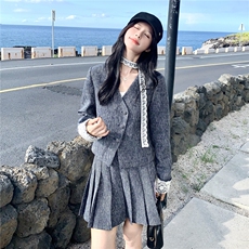 现货-2025年秋季新款小香风套装外套显瘦百褶裙减龄两件套女，女装套装/套裙，1D102-1
