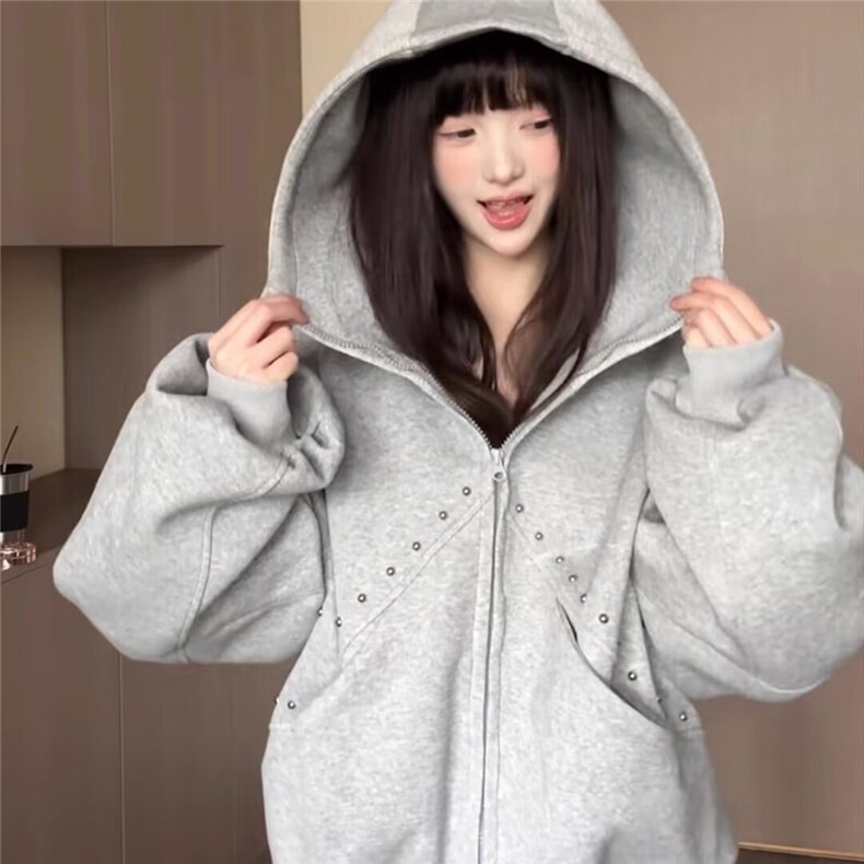 1506/QA030/P54美式重磅廓形连帽卫衣男女高街宽松拉链开衫外套,女装短外套,星座1506