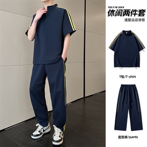 冰感重磅短袖套装男夏季宽松三杠半袖t恤衫长裤两件套图片
