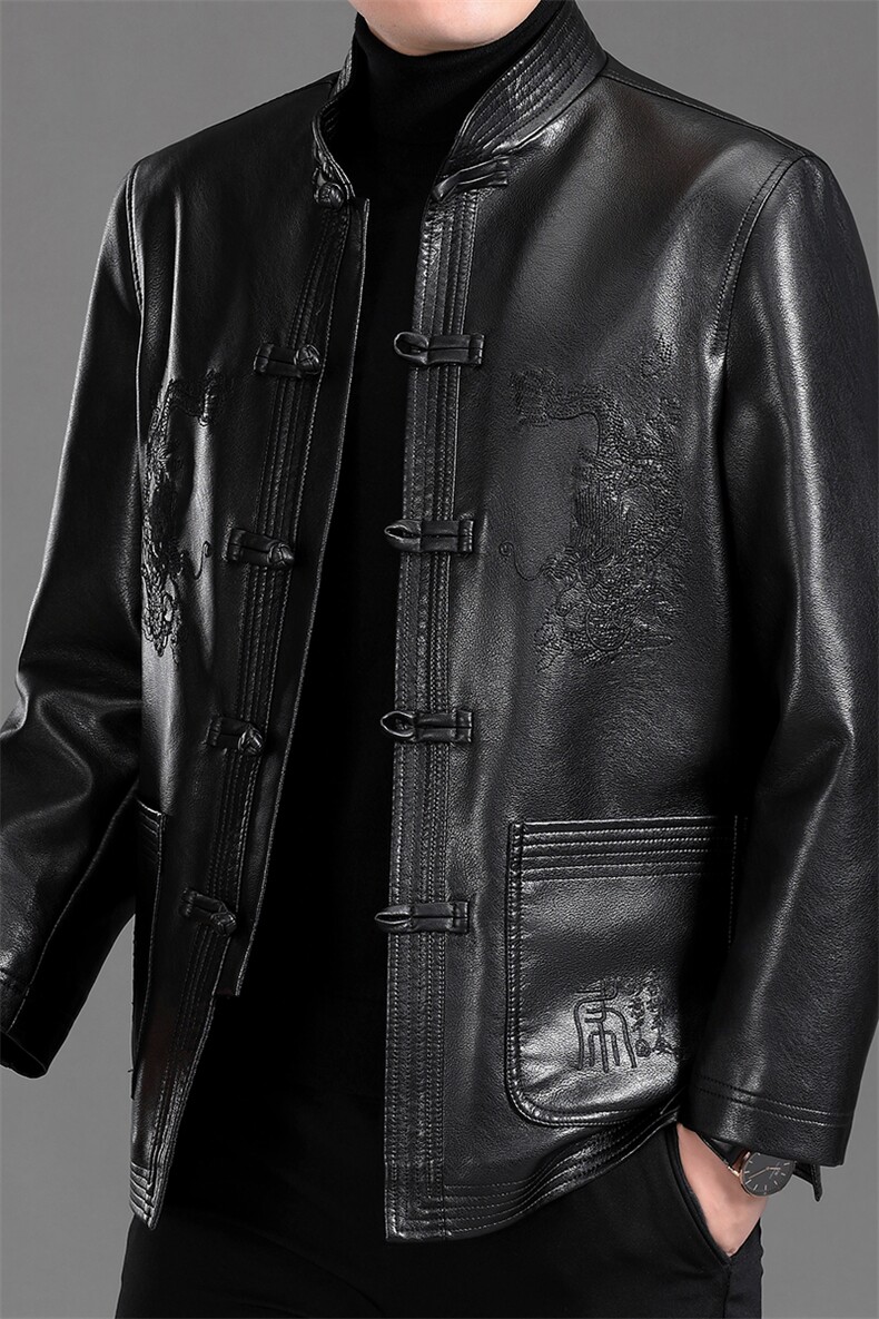 MJ-7001秋季男士休闲立领皮夹克中老年爸爸装唐装PU皮外套P115，男装皮衣，电商B360