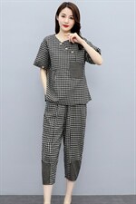 2022夏季新款时尚气质不对称领设计休闲格子两件套，女装套装/套裙，琦鑫阁（原依鑫阁）