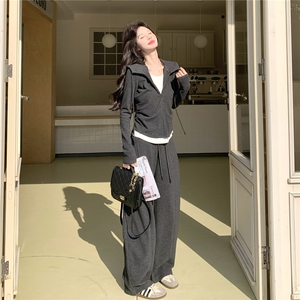 2026高级灰卫衣春秋季新款女装抽褶收腰连帽领假两件撞色修身上衣图片