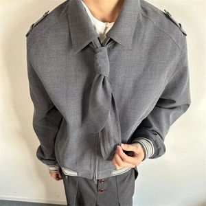 美式重磅可拆卸领结千鸟格领结花纹翻领夹克男女春秋季老钱风外套图片