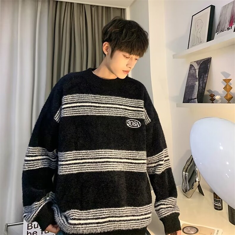 美式复古宽松毛衣男2024秋冬新款学院慵懒风条纹针织衫外套潮,男装针织衫/毛衣,星座716-2