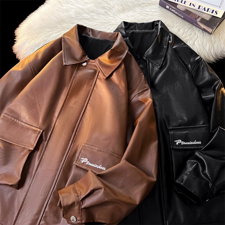 工装外套潮流机车男装男士皮衣春季翻领夹克刺绣A266-PY007-P85，男装皮衣，电商A266