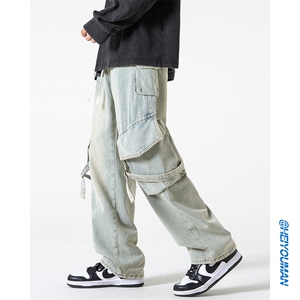 美式高街潮牌休闲宽松牛仔裤hiphop情侣直筒长裤K431P65控89图片