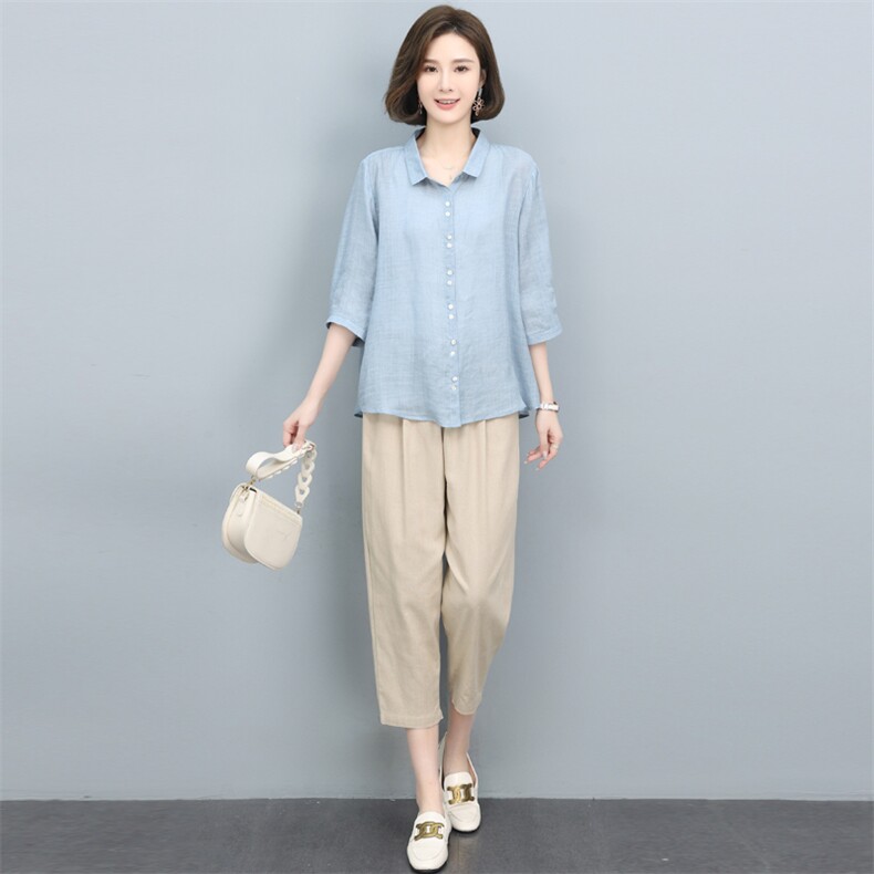 高端苎麻衬衫女夏季2024新款棉麻风上衣中年妈妈洋气减龄漂亮小衫图片