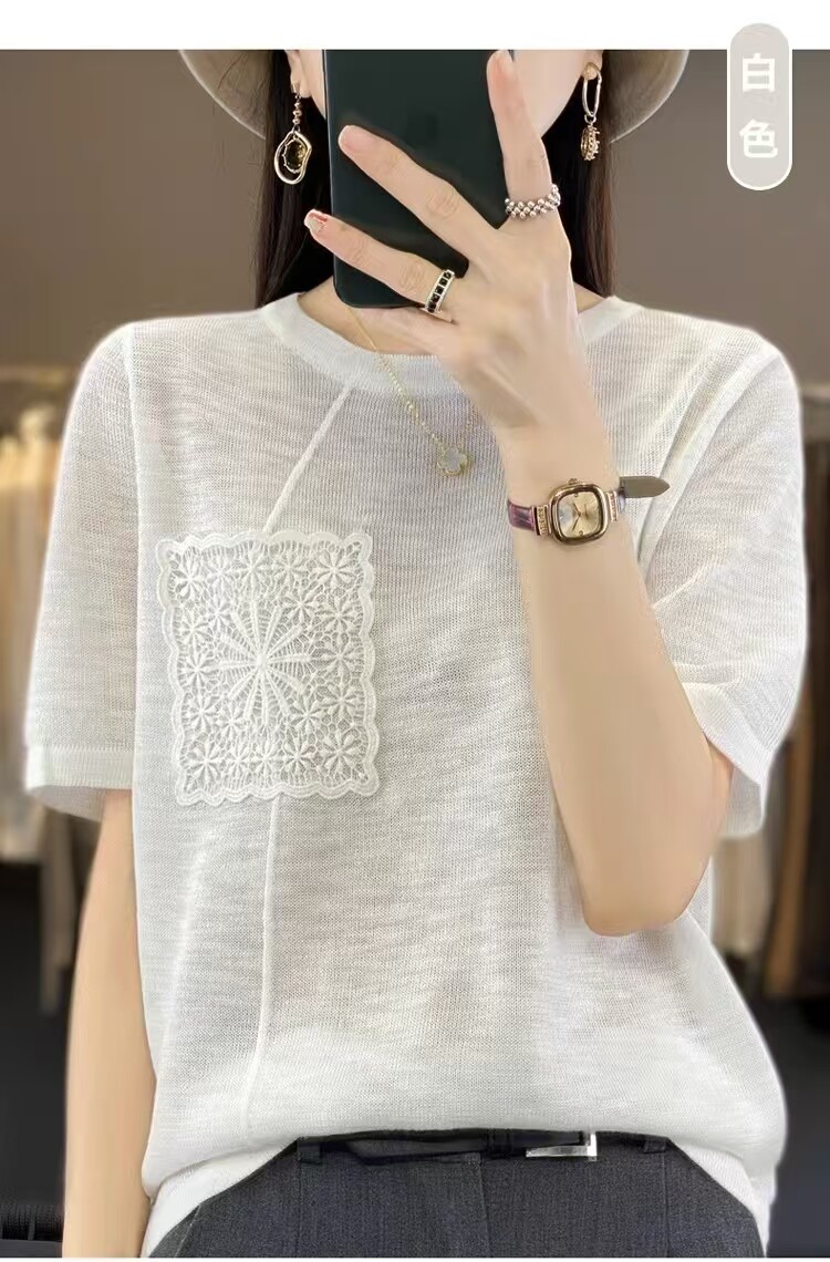 夏季薄款竹节麻短袖韩版冰丝t恤女针织衫时尚上衣设计感小众外穿,女装T恤,德尔信羊绒