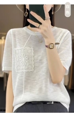 夏季薄款竹节麻短袖韩版冰丝t恤女针织衫时尚上衣设计感小众外穿，女装T恤，德尔信羊绒