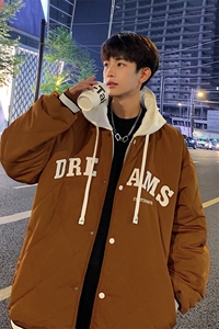 假两件羽绒棉服男士2024冬季新款潮牌美式菱形格棉衣情侣棉袄外套图片