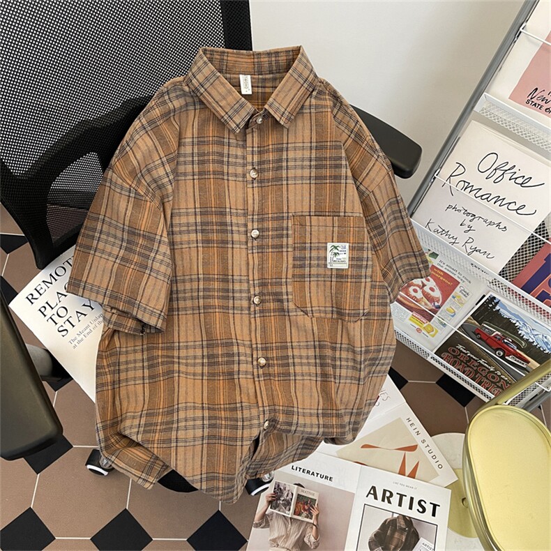 夏季新款复古格子短袖衬衫男美式潮牌慵懒衬衣外套现货W8249-P38,男装衬衫,星座512-4