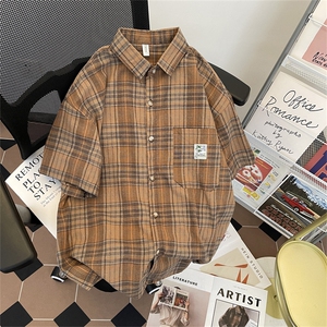 夏季新款复古格子短袖衬衫男美式潮牌慵懒衬衣外套 现货W8249-P38图片