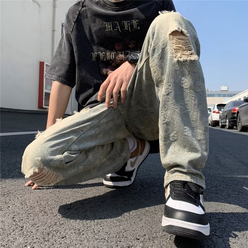 夏季腰果花破洞牛仔裤男高街vibe复古宽松牛仔裤1001-1-X838-P48,男装牛仔裤,星座1001-1