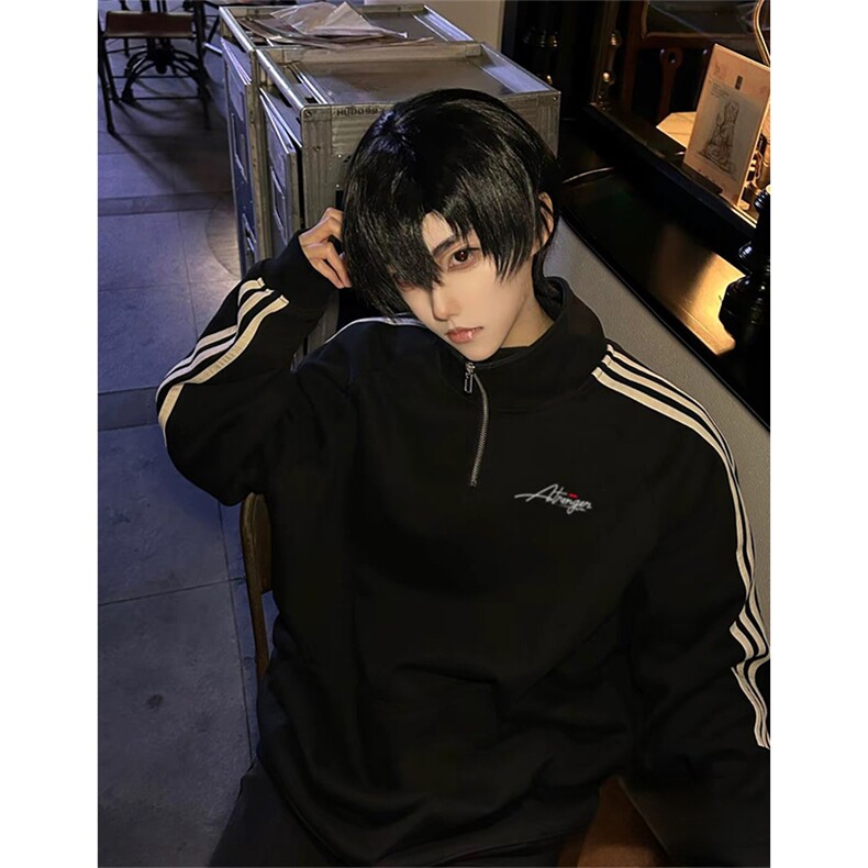 抖音得物 美式全棉三条杠立领卫衣半拉链外套 印花卫衣 A2903图片