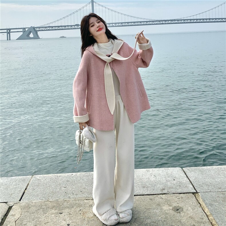 粉色多巴胺双面呢连帽羊毛外套女秋冬2025新款温柔甜美风短款大衣,女装羊绒大衣,2C028