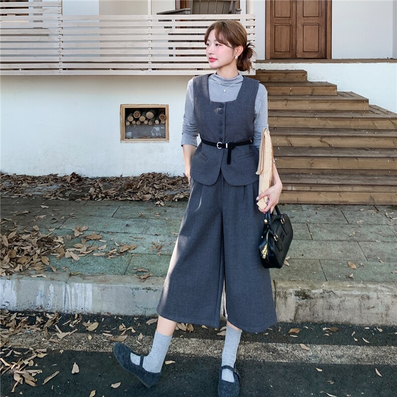学院风灰色马甲套装女2025秋季新款巨好看减龄打底衫休闲裤三件套,女装套装/套裙,2C253