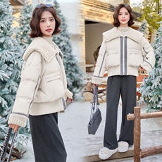 【bao款现货】2024新款冬装百搭颗粒绒拼接牛仔翻领羽绒服白鸭绒，女装羽绒服，雅静靓衣