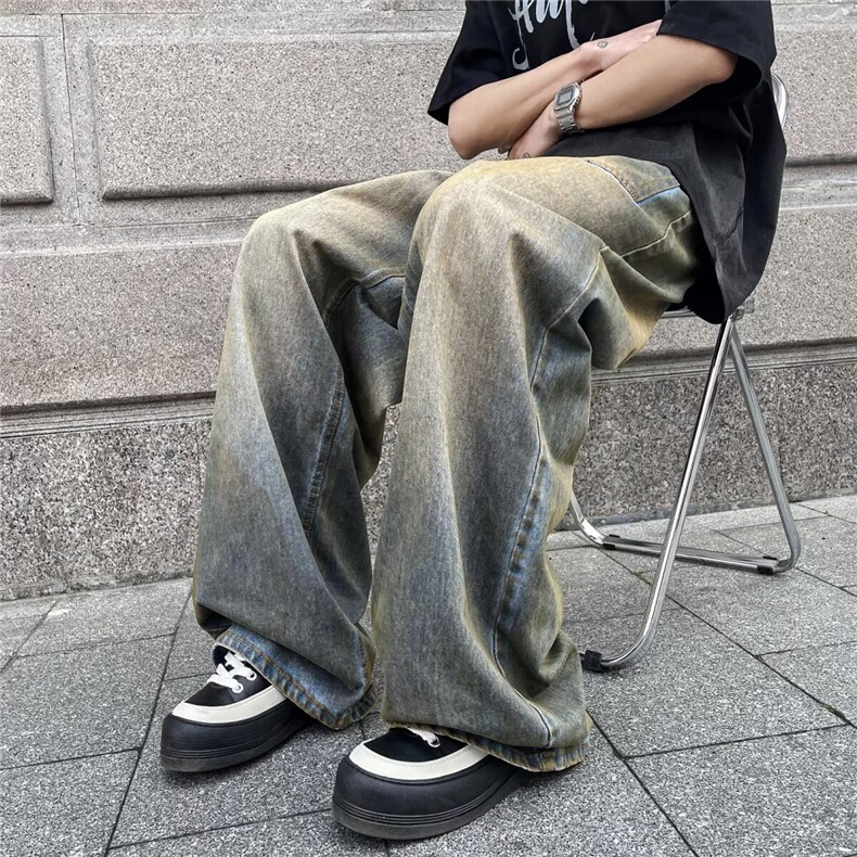 美式复古怀旧扎染洗水做旧设计感直筒宽松阔腿牛仔裤男N0677-P52,男装牛仔裤,星座1008