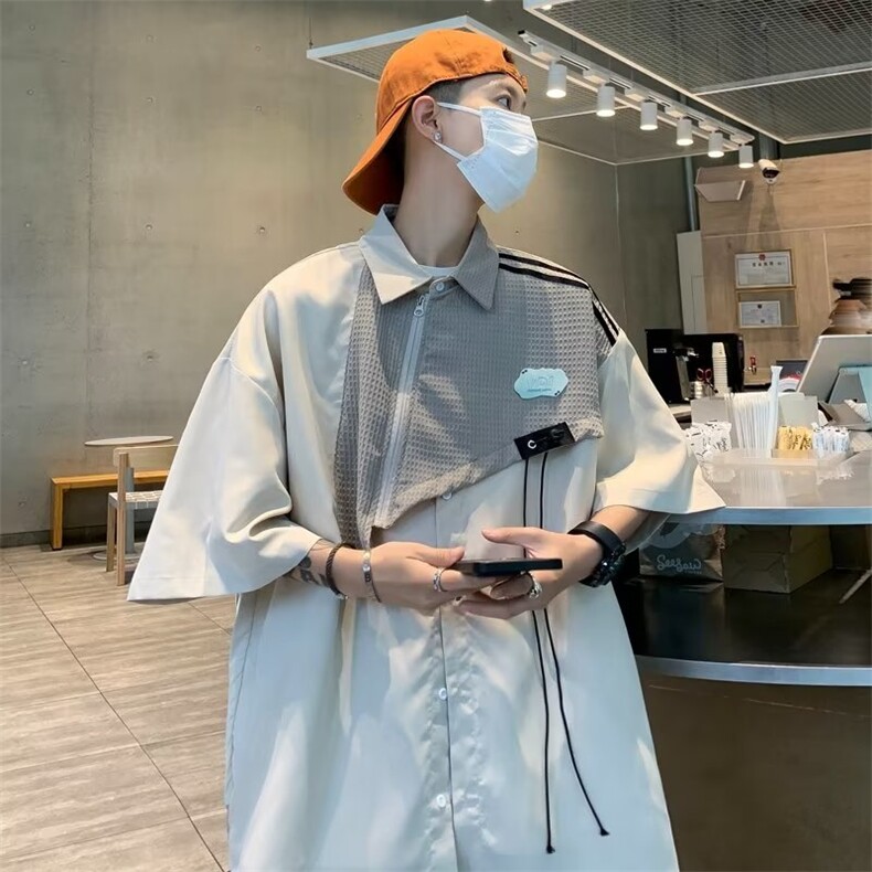 短袖衬衫男款夏季潮流潮牌痞帅拼接青年宽松半袖衬衣外套HC10-P43,男装衬衫,星座1008
