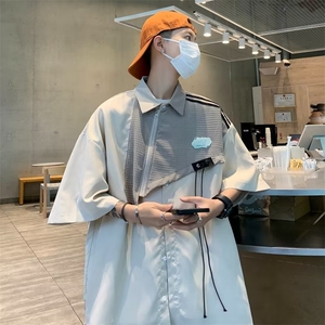 短袖衬衫男款夏季潮流潮牌痞帅拼接青年宽松半袖衬衣外套HC10-P43图片