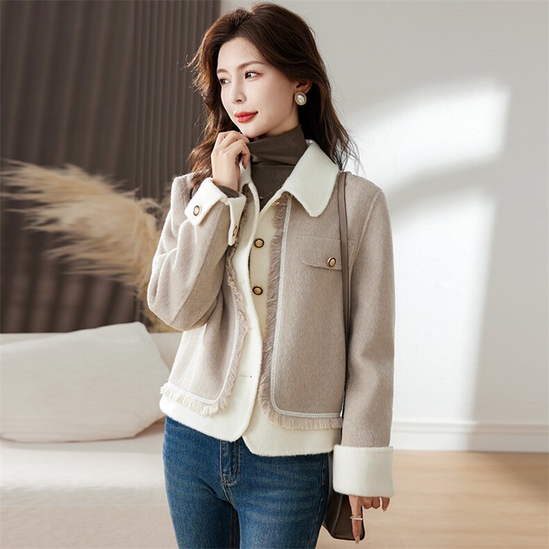 小香风双面羊绒大衣女2025春秋冬新款时尚撞色流苏羊毛呢子短外套，女装双面呢大衣，丝露怡语