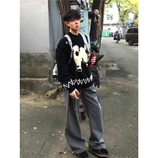 复古毛茸茸软糯绵羊提花黑色毛衣男女秋冬宽松慵懒风长袖针织衫，男装针织衫/毛衣，星座601-1