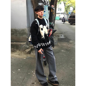 复古毛茸茸软糯绵羊提花黑色毛衣男女秋冬宽松慵懒风长袖针织衫图片