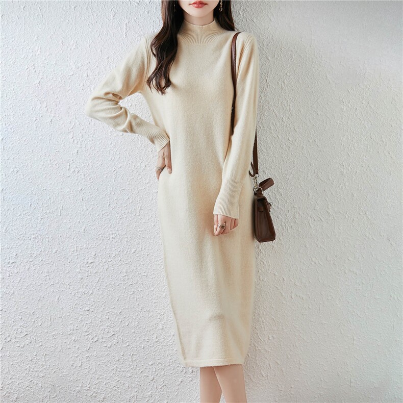 2025年秋季休闲风中长款长袖平面半高领连衣裙，女装连衣裙，绒汀羊绒