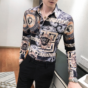 2021春秋男衬衫英伦长袖上衣印花男装韩版修身四季潮流衬衣H857-P55图片