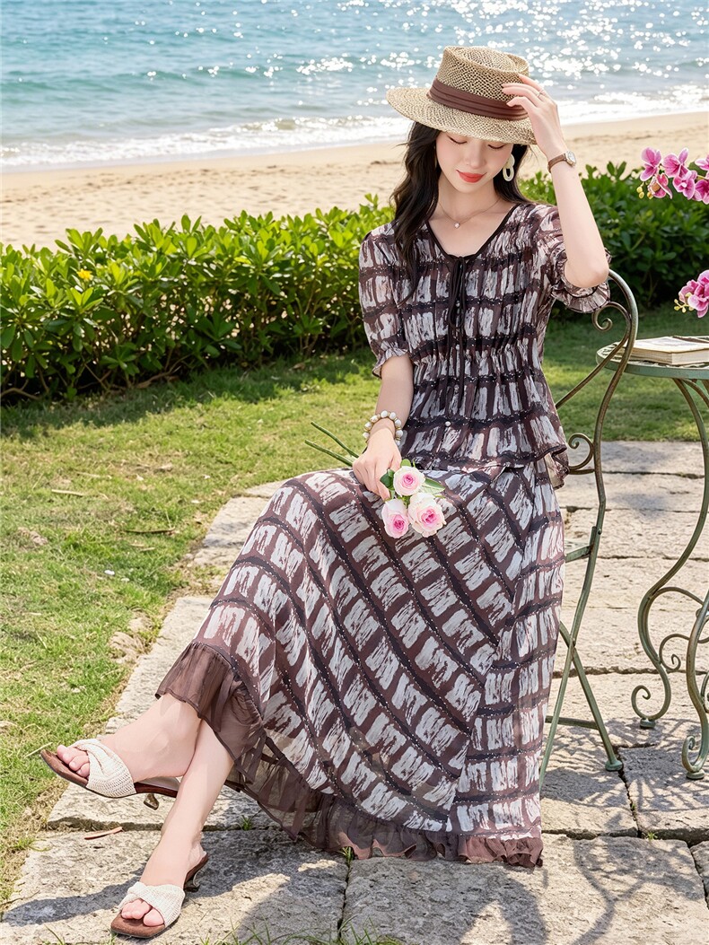 时尚休闲格纹显瘦系带上衣木耳边半裙超仙两件套女,女装套装/套裙,水衣源