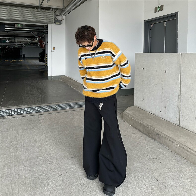 秋冬新款刺绣条纹水貂毛圆领毛衣男女松弛感MY9565-P55,男装针织衫/毛衣,星座1109-4