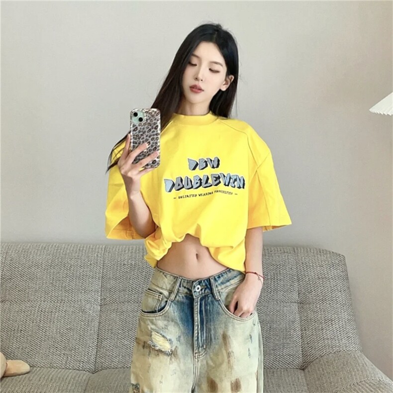 黄色重磅t恤男女同款美式正肩纯棉垫肩短袖阔肩半袖T恤T2459-P45,男装T恤,星座1213