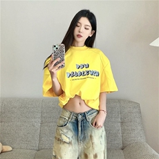 黄色重磅t恤男女同款美式正肩纯棉垫肩短袖阔肩半袖T恤T2459-P45，男装T恤，星座1213